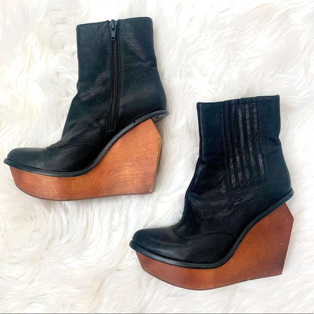 Jeffrey Campbell Havana Last Black Leather Boots Wood Wedge Platform Heel size 6